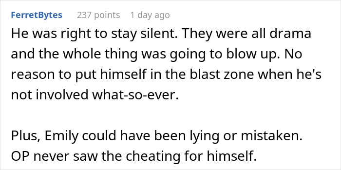 Reddit comment arguing the guy was right to stay silent about the cheating GF and not expose her.