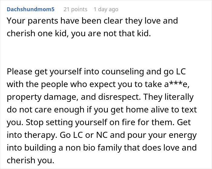 Reddit comment advising counseling and therapy for a woman dealing with family drama after turning her car around mid-trip. Reddit comment advising counseling and therapy for a woman dealing with family drama after turning her car around mid-trip.
