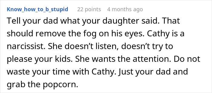 A Reddit comment advises telling dad about the stepmom, a narcissist K-Pop character, hijacking a kids birthday party. A Reddit comment advises telling dad about the stepmom, a narcissist K-Pop character, hijacking a kids birthday party.