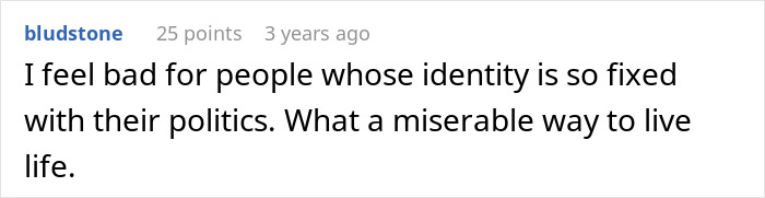 A comment expressing sorrow for people whose identity is too intertwined with politics, regarding the aunt's mistake and housing demands.