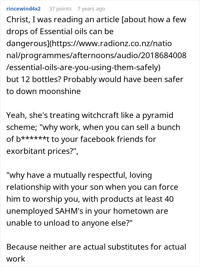 A detailed comment discussing a crazy MIL witching around with potions, comparing it to a pyramid scheme and referencing essential oils.