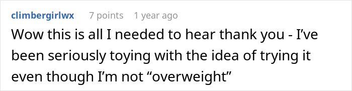 A user comment expressing gratitude for insights on chasing the perfect body, considering medication despite not being overweight.