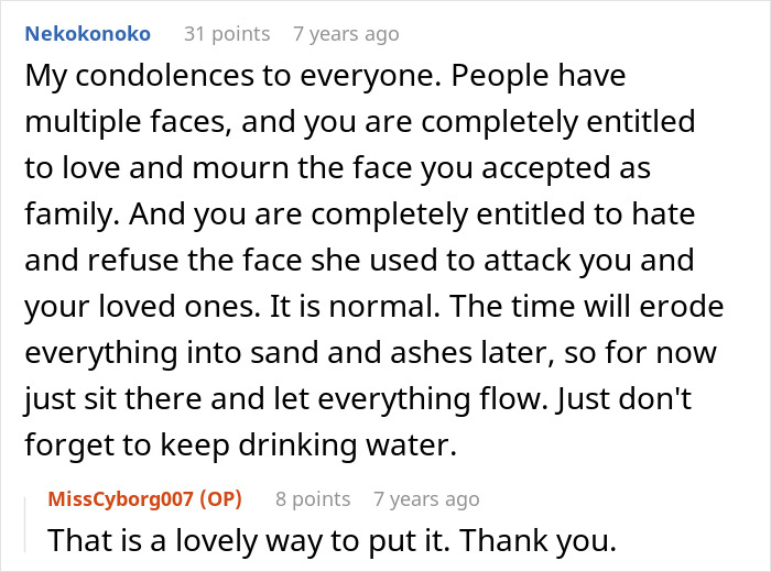 A Reddit comment offering condolences and advice on handling the complicated feelings after the passing of a crazy MIL.