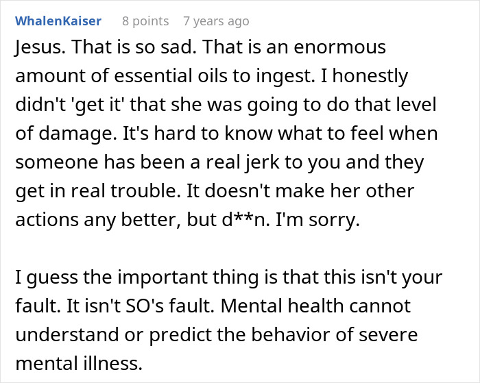 A Reddit comment about the MILs potion, the dangers of ingesting essential oils, and mental health.