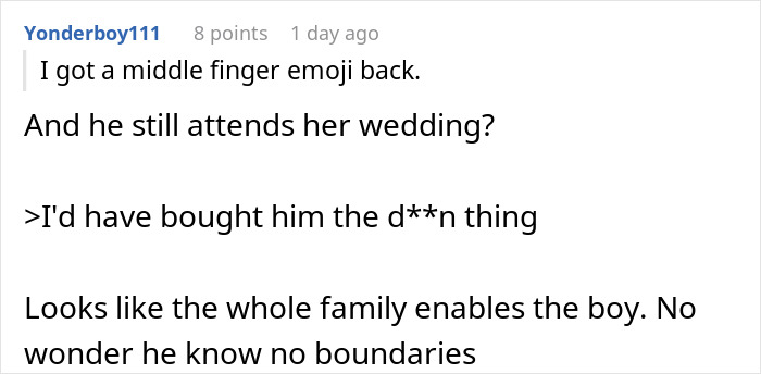 A Reddit comment about a middle finger emoji and the brother attending the wedding, highlighting the family enabling the bro. A Reddit comment about a middle finger emoji and the brother attending the wedding, highlighting the family enabling the bro.