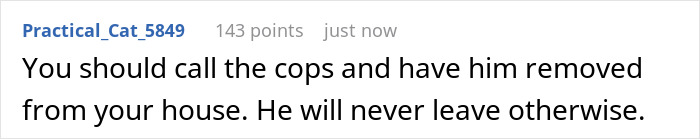 Screenshot of Reddit comment advising to call cops to remove the violent moocher raiding food.