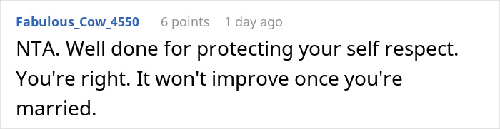 A comment supporting a girlfriend who realizes getting married to a man is a huge mistake before the wedding.