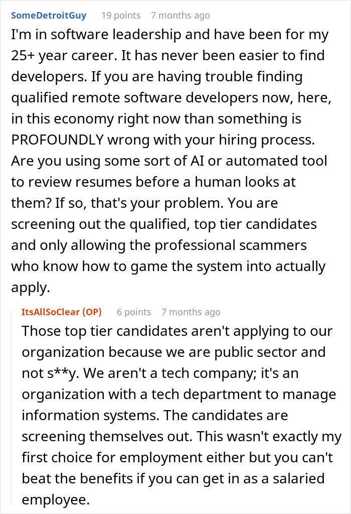 A software engineer discusses hiring scam experiences, mentioning a 25+ year career in software leadership.