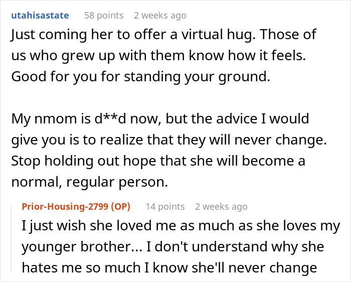 A screenshot of a Reddit comment section with a user sharing advice on dealing with a narcissist mom. A screenshot of a Reddit comment section with a user sharing advice on dealing with a narcissist mom.