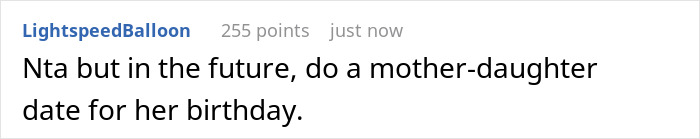 Reddit comment suggesting a mother-daughter date for mom's birthday after 27YO refused to host. Reddit comment suggesting a mother-daughter date for mom's birthday after 27YO refused to host.