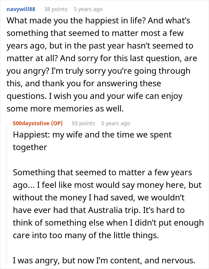 A Reddit comment asking the husband about his happiest moments and what seemed important before the sad news for his wife. A Reddit comment asking the husband about his happiest moments and what seemed important before the sad news for his wife.