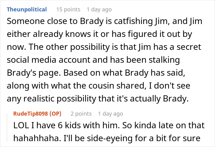 A screenshot of a user suggesting catfishing or stalking in the GF story of someone he hasn't spoken to for 10 years.