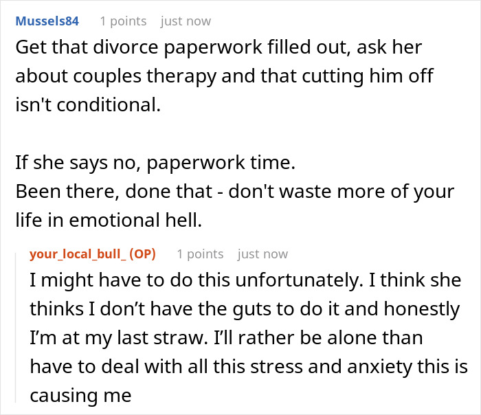 Reddit user advises getting divorce paperwork for a cheating wife refusing to cut contact, citing emotional hell. Reddit user advises getting divorce paperwork for a cheating wife refusing to cut contact, citing emotional hell.