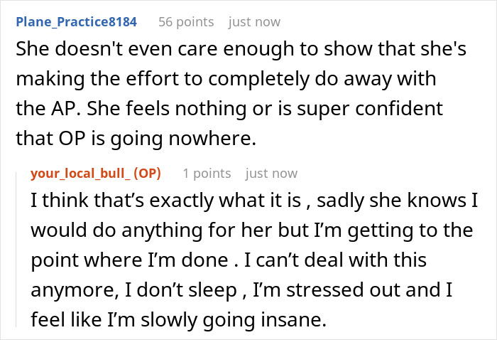 A Reddit comment describing the emotional toll of a cheating wife refusing to end the affair and cut contact. A Reddit comment describing the emotional toll of a cheating wife refusing to end the affair and cut contact.
