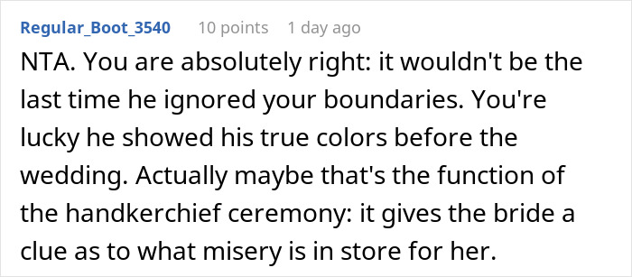 A comment praises a girlfriend for realizing her partner's true colors before getting married, avoiding a huge mistake.