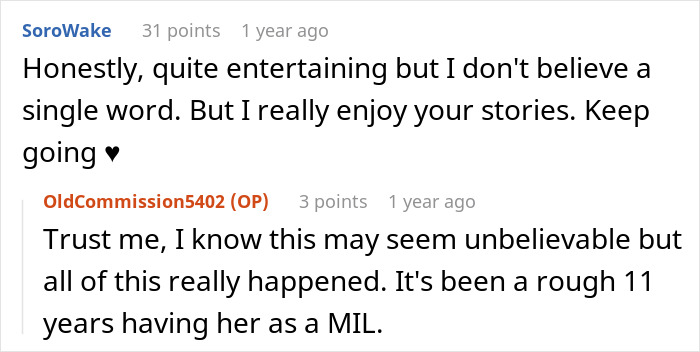 Reddit user comments on the MIL, DIL eviction story, where MIL lands in jail, expressing disbelief but enjoyment.