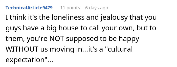 A comment on a couple's dream home purchase, suggesting mothers want to move in due to loneliness and jealousy. A comment on a couple's dream home purchase, suggesting mothers want to move in due to loneliness and jealousy.