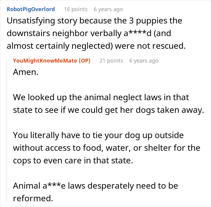 A screenshot showing comments about dealing with a nightmare neighbor, specifically discussing animal neglect laws.