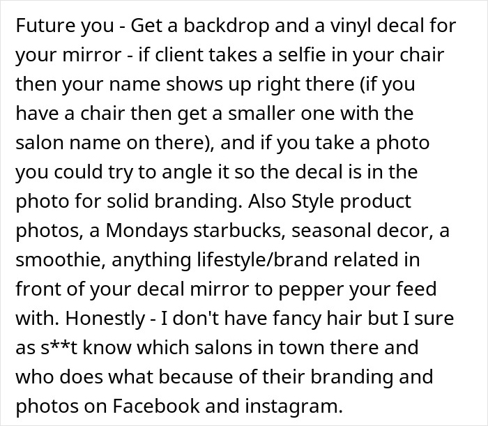 Screenshot of Reddit comment with advice to use branding and photos for a salon's marketing and exposure, solving everything.
