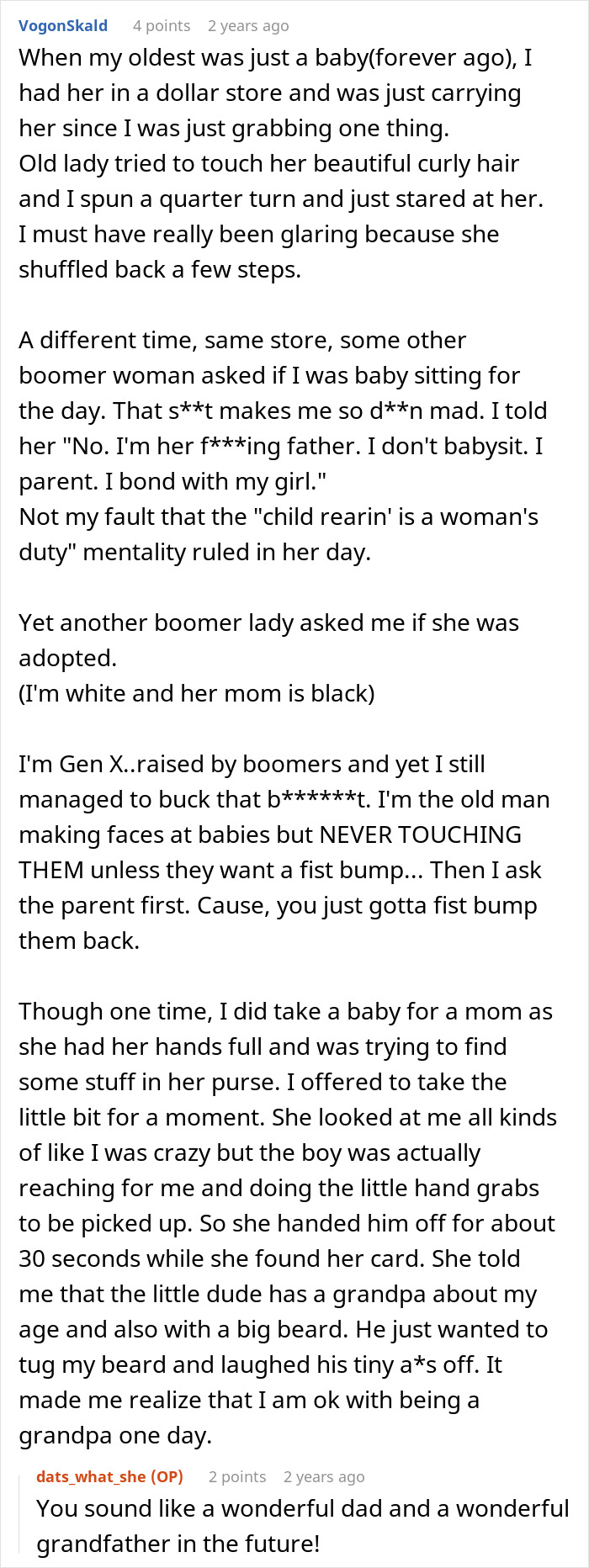 A screenshot of Reddit comments discussing boomer interactions, specifically unwanted touching and remarks about child-rearing. A screenshot of Reddit comments discussing boomer interactions, specifically unwanted touching and remarks about child-rearing.