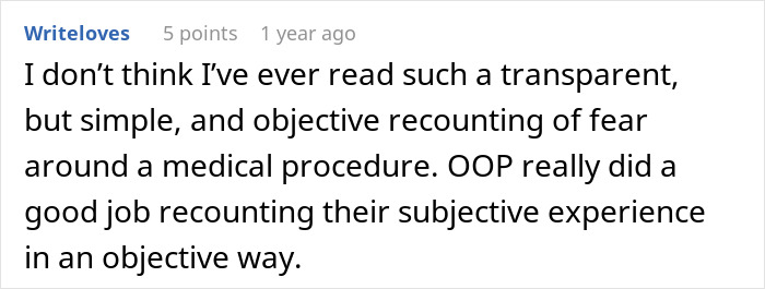 A comment from writeloves about a transparent recounting of fear around a medical procedure related to a brain tumor.