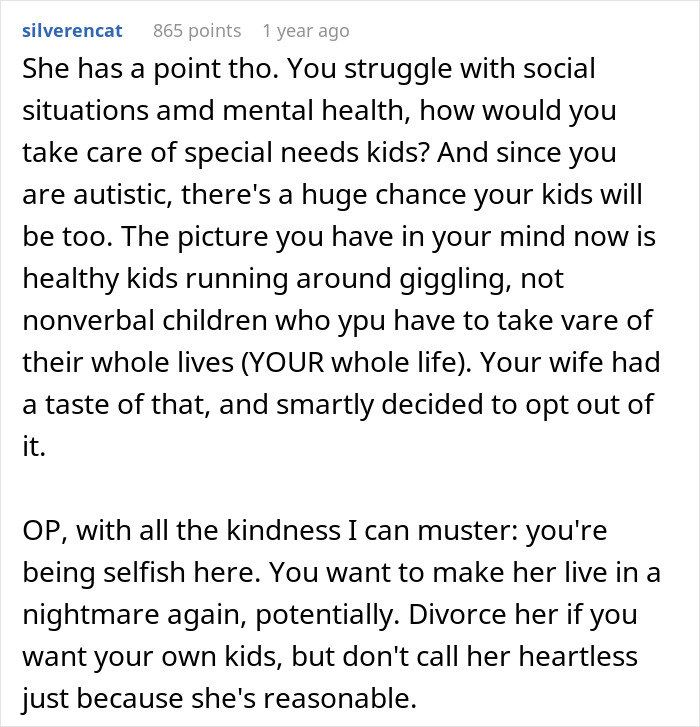 A comment about a wife changing her mind about having kids after an autism diagnosis, calling the husband selfish. A comment about a wife changing her mind about having kids after an autism diagnosis, calling the husband selfish.