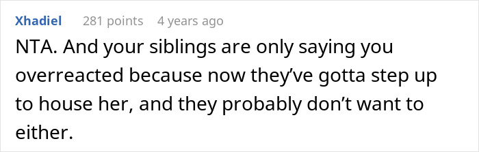 A screenshot of a comment from Xhadiel, supporting the man who refused to house his mom for harassing his wife.