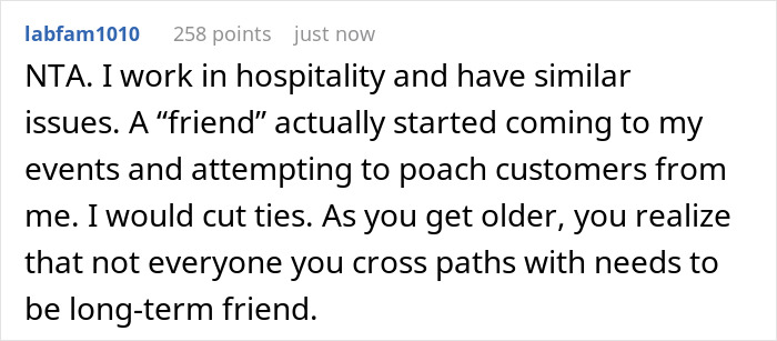 A comment on travel influencer lying about solo trips, discussing cutting ties with a friend who poaches customers. A comment on travel influencer lying about solo trips, discussing cutting ties with a friend who poaches customers.