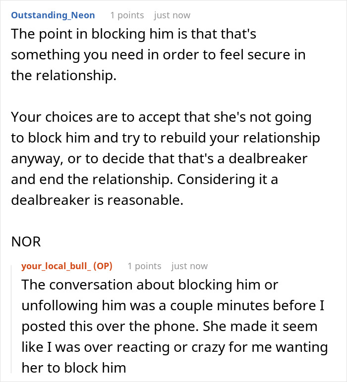 Reddit comments on a cheating wife refusing to cut contact, suggesting blocking the other man for security in the relationship. Reddit comments on a cheating wife refusing to cut contact, suggesting blocking the other man for security in the relationship.