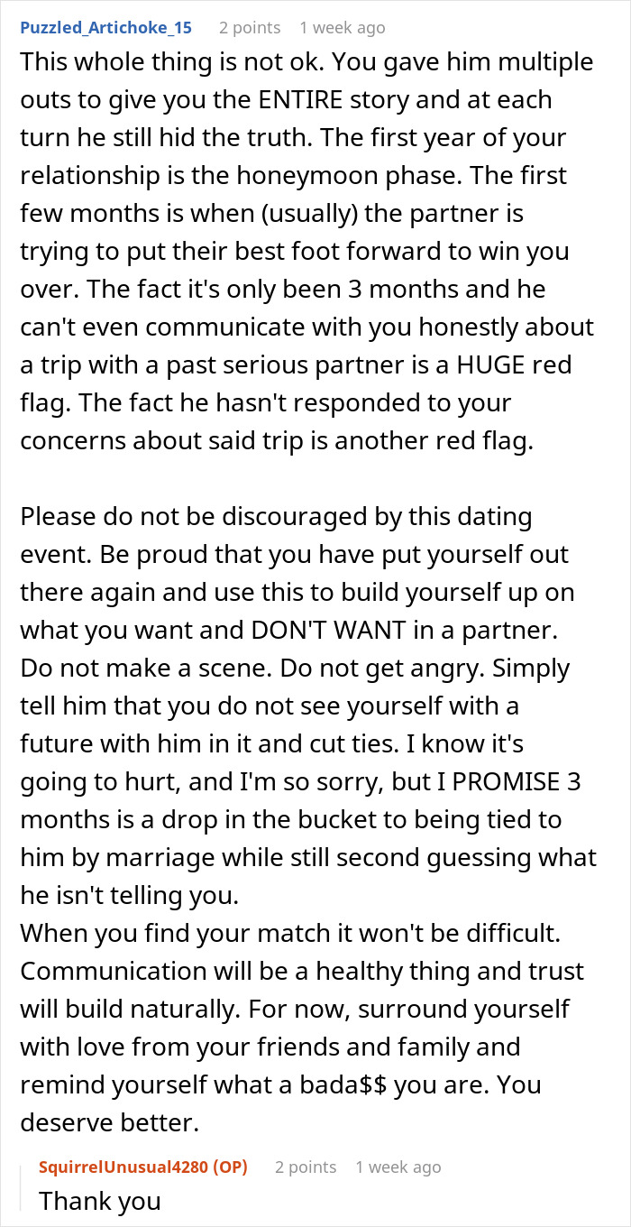 A long screenshot showing a GF connecting the dots about a crucial detail of her BF's 10-day trip.