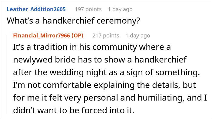 Screenshot of online comments discussing a woman's discomfort with a tradition before getting married.
