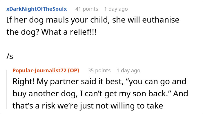 Screenshot of text about delusional mom threatening to sue daughter because she doesnt feel safe around her dog. Screenshot of text about delusional mom threatening to sue daughter because she doesnt feel safe around her dog.