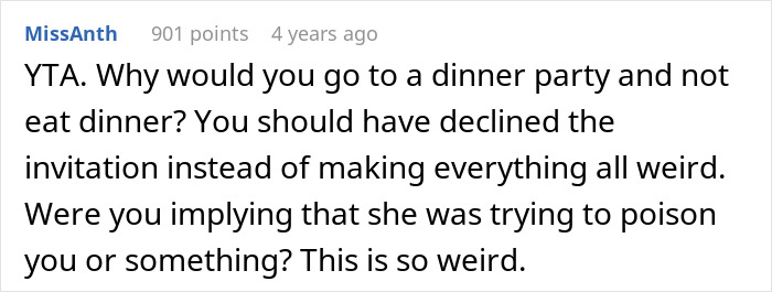 A Reddit comment asking why the woman would go to a dinner party and not eat.