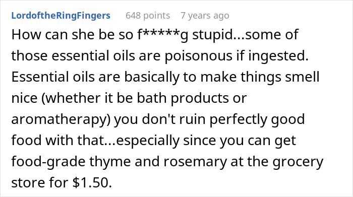 A Reddit comment explaining the dangers of essential oils in Thanksgiving dishes due to MIL's actions. A Reddit comment explaining the dangers of essential oils in Thanksgiving dishes due to MIL's actions.