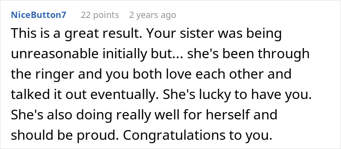 A comment praising the resolution of family vacation issues, highlighting sisterly love.
