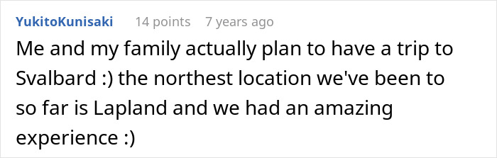 Screenshot of a comment about a family trip to Svalbard, the northest location, discussing the Arctic tour led by a woman. Screenshot of a comment about a family trip to Svalbard, the northest location, discussing the Arctic tour led by a woman.