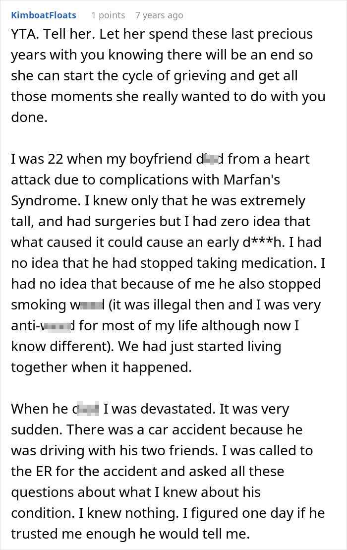 A Reddit comment encourages a husband to tell his wife the sad news, sharing a personal story about a partner's d***h. A Reddit comment encourages a husband to tell his wife the sad news, sharing a personal story about a partner's d***h.