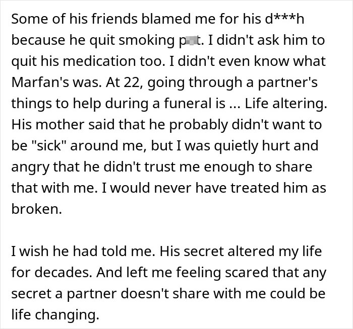 A Reddit comment details the lasting impact of a partner's untold sad news, stressing the importance of trust and sharing. A Reddit comment details the lasting impact of a partner's untold sad news, stressing the importance of trust and sharing.