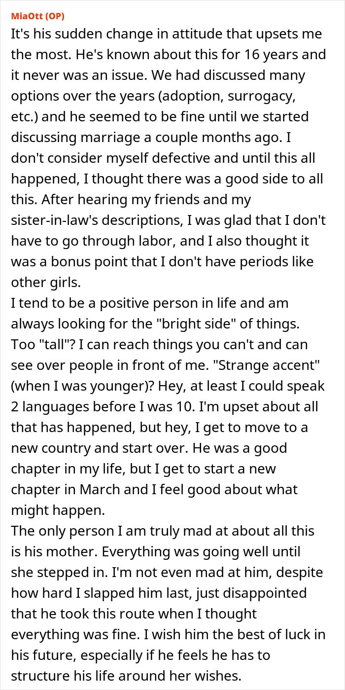 A woman discusses her upset over her future mother-in-law calling her 'defective' and trying to stop her son's marriage.