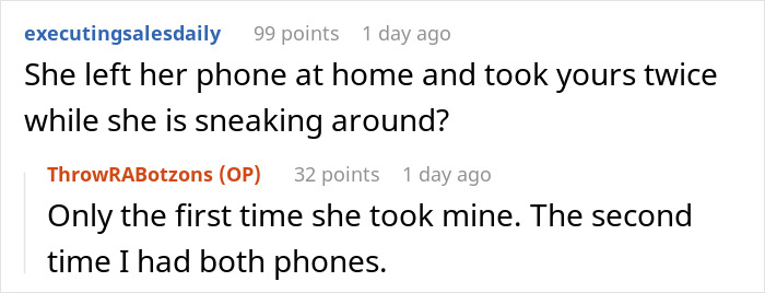 Wife's phone: Screenshot of online comments about a wife's suspicious phone usage and her reaction.