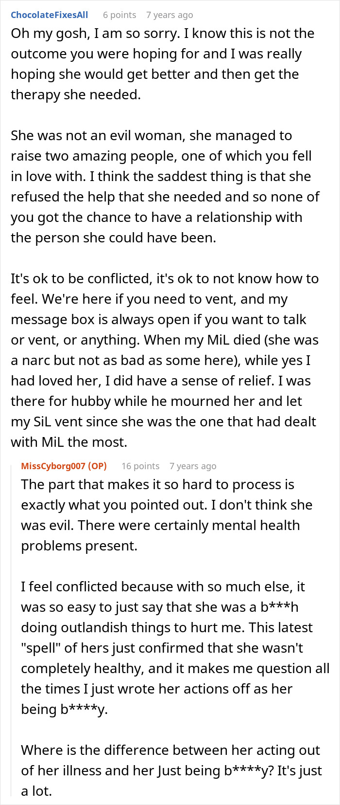 A Reddit user discussing the complexity of their crazy MIL's d***h and her witching around, acknowledging mental health issues.