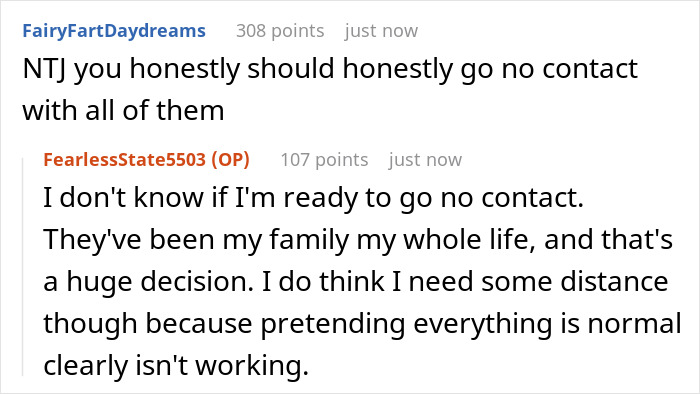 A Reddit comment where a user suggests going no contact with family after a sister received college fund, while the original poster processes the decision. A Reddit comment where a user suggests going no contact with family after a sister received college fund, while the original poster processes the decision.