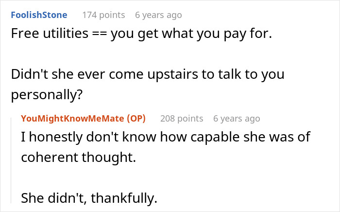 A screenshot displaying comments about a woman and her nightmare neighbor, discussing free utilities and personal interaction.