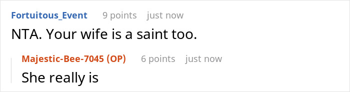 A screenshot of a Reddit comment praising the understanding wife of a dad who refuses to separate his sons. A screenshot of a Reddit comment praising the understanding wife of a dad who refuses to separate his sons.