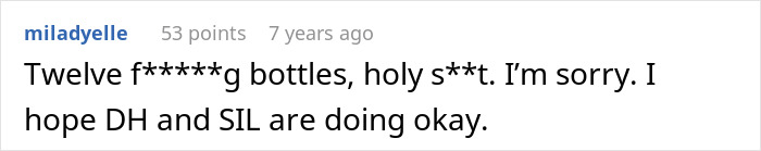 A comment expressing shock about a crazy MIL witching around with twelve bottles of potion, hoping others are okay.