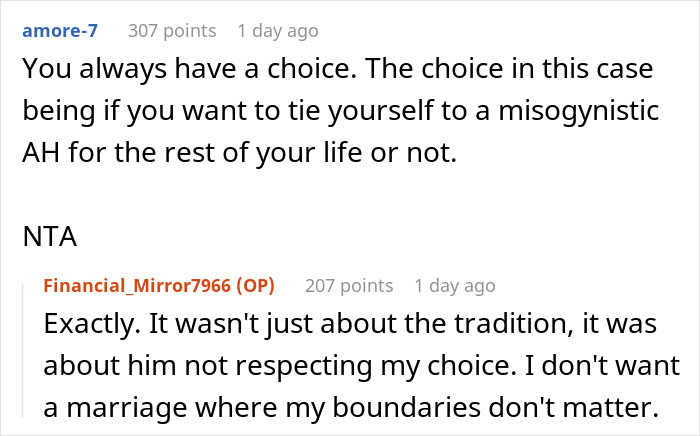 Screenshot of online comments discussing a woman's choice about getting married and avoiding a huge mistake.