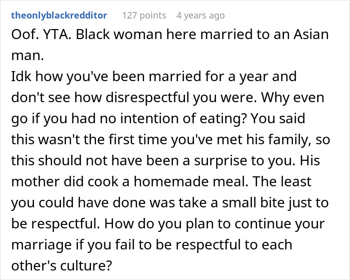 A social media comment explaining why a woman who refuses to eat her MIL's cooking is disrespectful to her culture.
