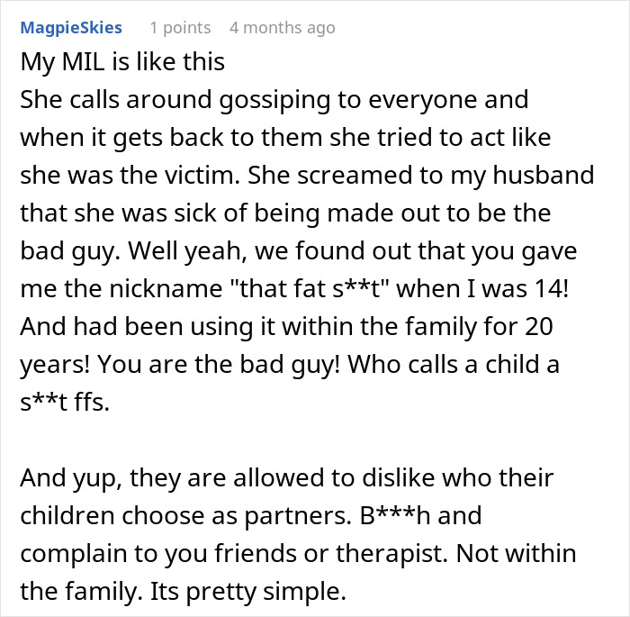 MagpieSkies' comment about a gossiping mom and her horrible comments, including a hurtful nickname.