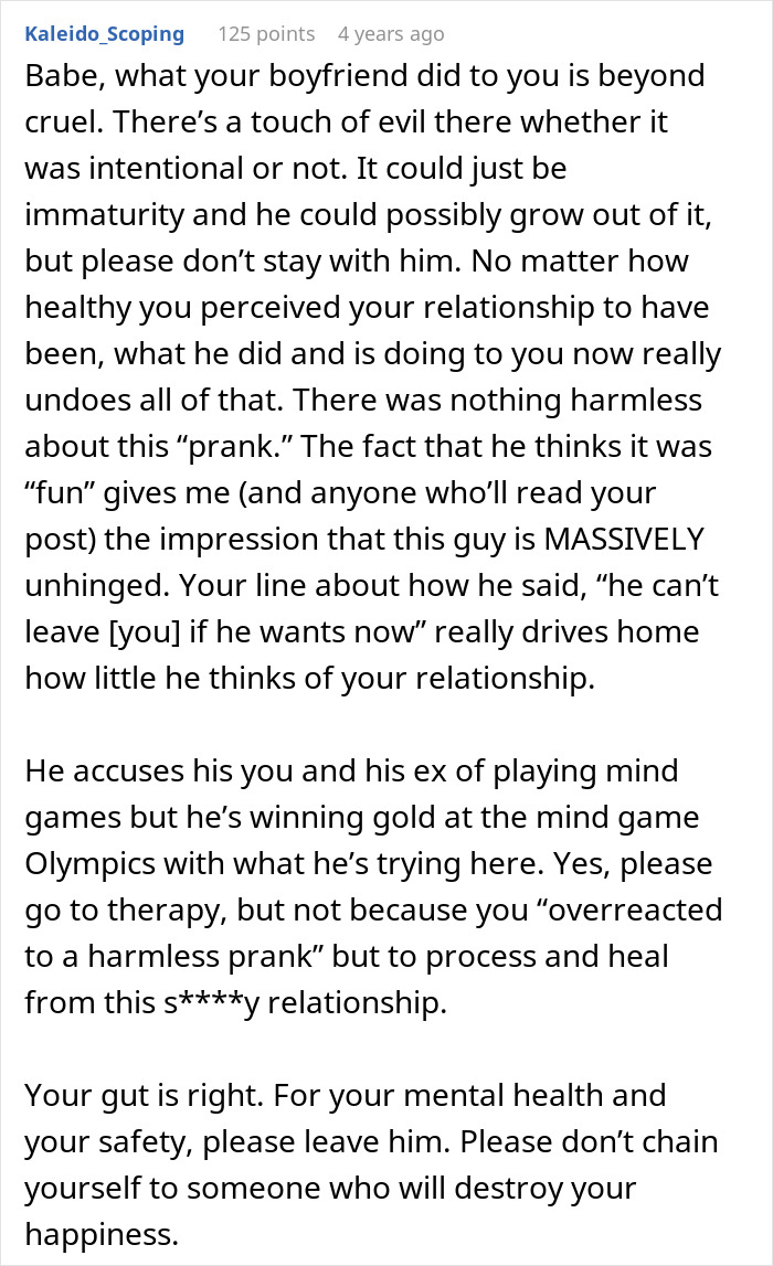 Online discussion about a boyfriend's cruel prank and his manipulative behavior, blaming his girlfriend's reaction. Online discussion about a boyfriend's cruel prank and his manipulative behavior, blaming his girlfriend's reaction.