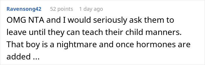 A Reddit comment strongly advising the man to make the family leave until they teach the nephew manners for punching his baby daughter.